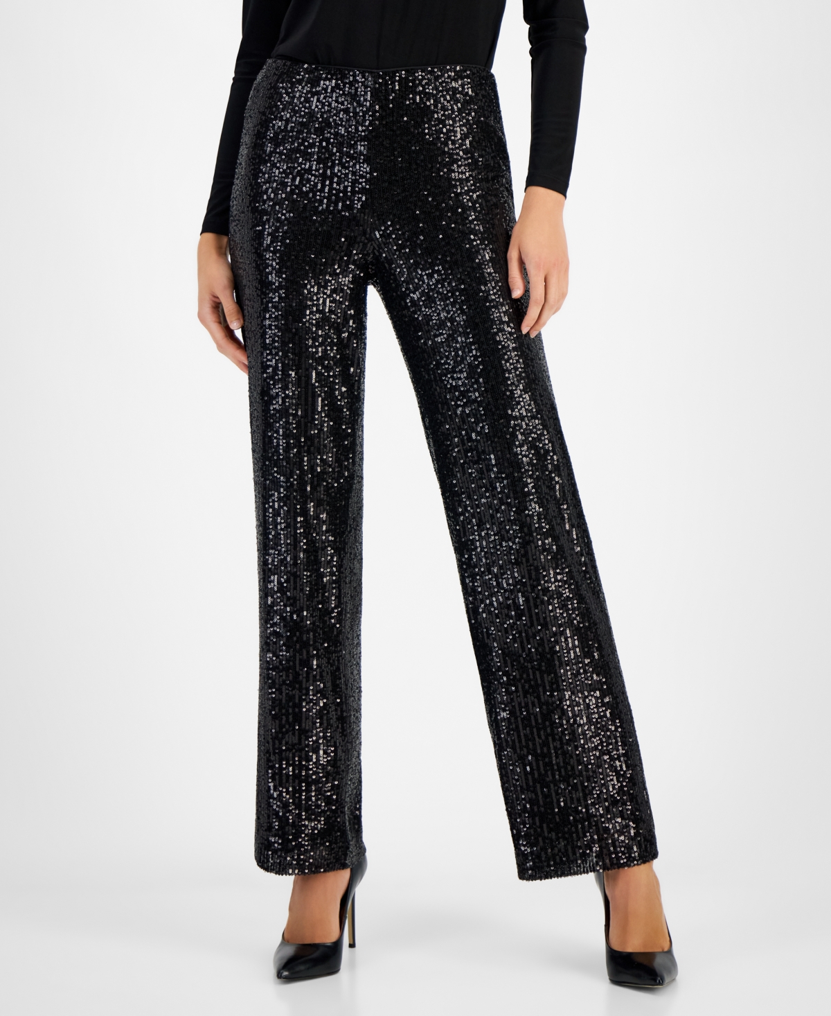Anne Klein Sequin Hollywood Waistband Straight Leg Pants In Anne Black