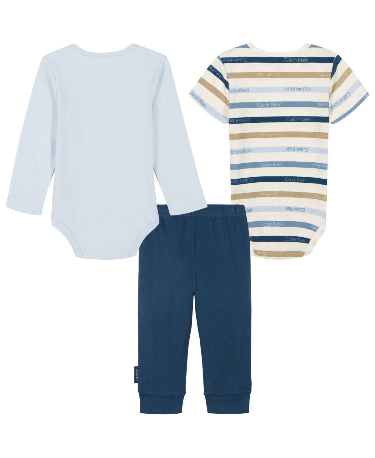 Calvin Klein Baby Boy Long Sleeve Logo Bodysuit, Short Sleeve Multistripe Bodysuit and Solid Joggers, 3 piece set -Antique White/Dark Denim