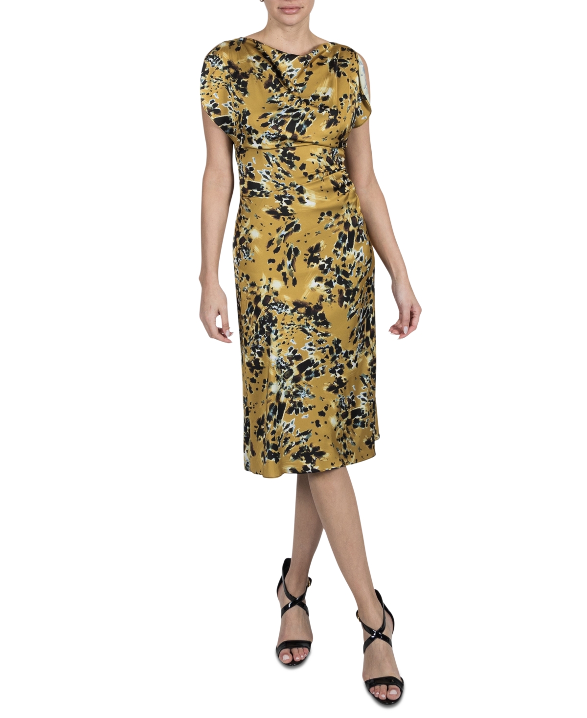 Women's Printed Cowl-Neck Short-Sleeve Satin Dress - Gold Multi