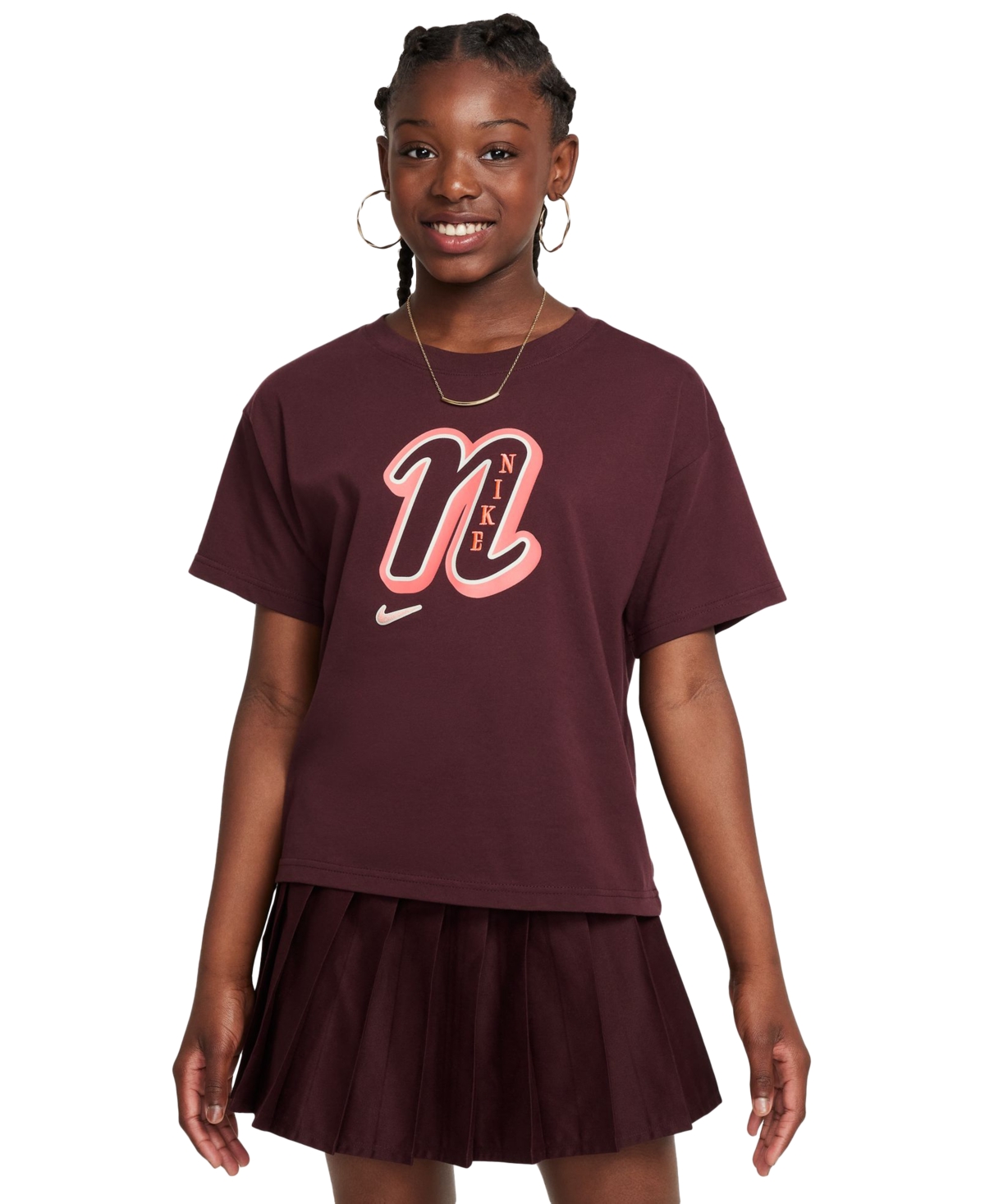 Nike Big Girls' Sportswear Cotton Crewneck T-shirt In Burgundy Crush
