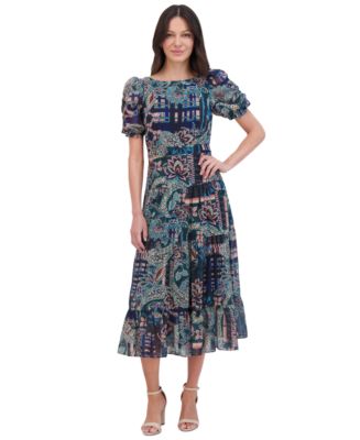 Vince Camuto Plus Size Mixed-Print Puffed-Sleeve Maxi Dress - Macy's