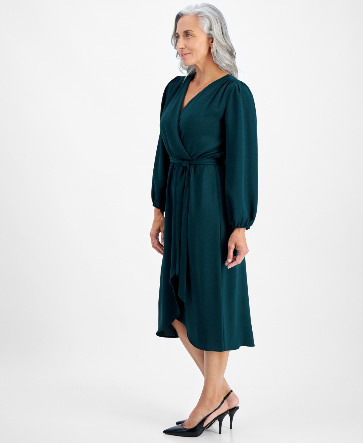 CONNECTED PETITE LONG-SLEEVE TIED WRAP DRESS 
