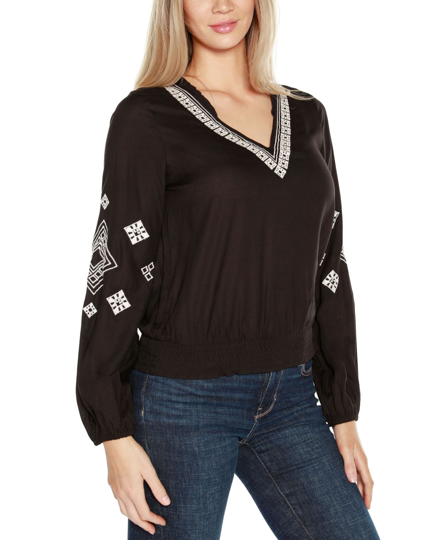 Женская блузка Belldini Black Label Embroidered Blouson Sleeve V-Neck Blouse Top, цвет: Чёрный — фото 3