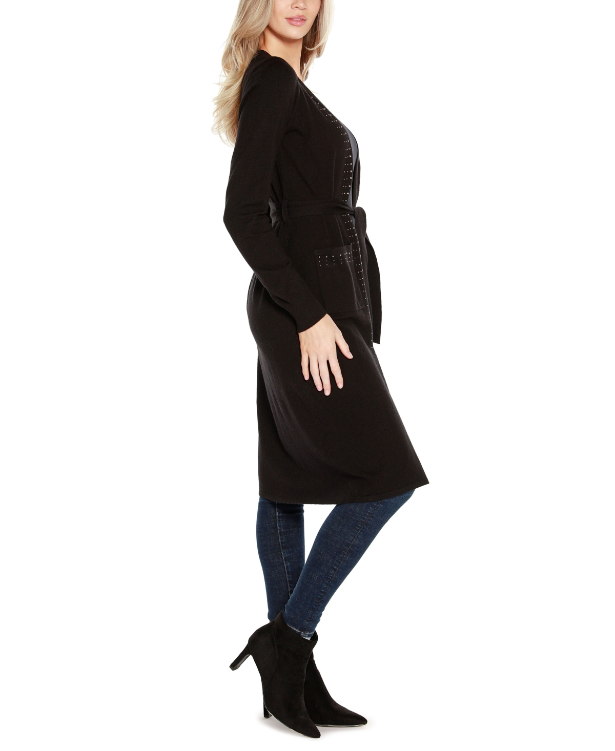 BelldiniLabel Women's Rhinestone-Trim Belted Duster Cardigan Zip Up sweater - Black