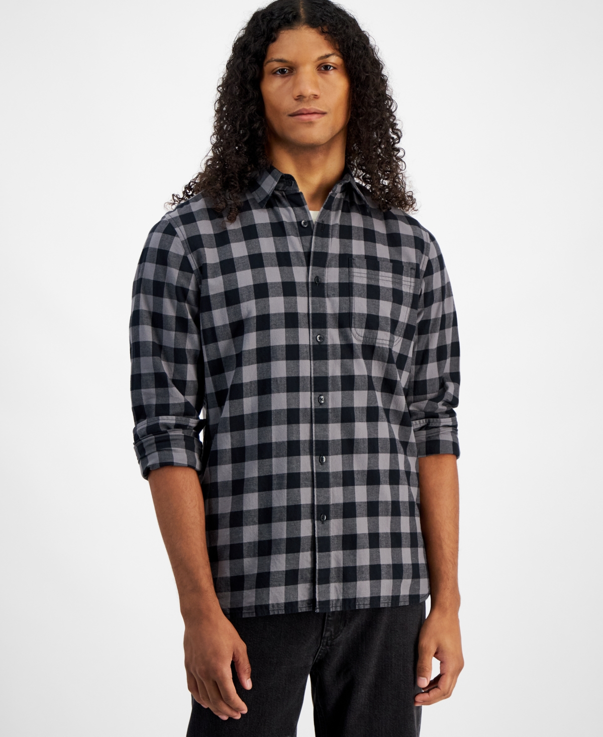 Sun + Stone Men's Rama Check Shirt, Created For Macy's In Titanium Grey