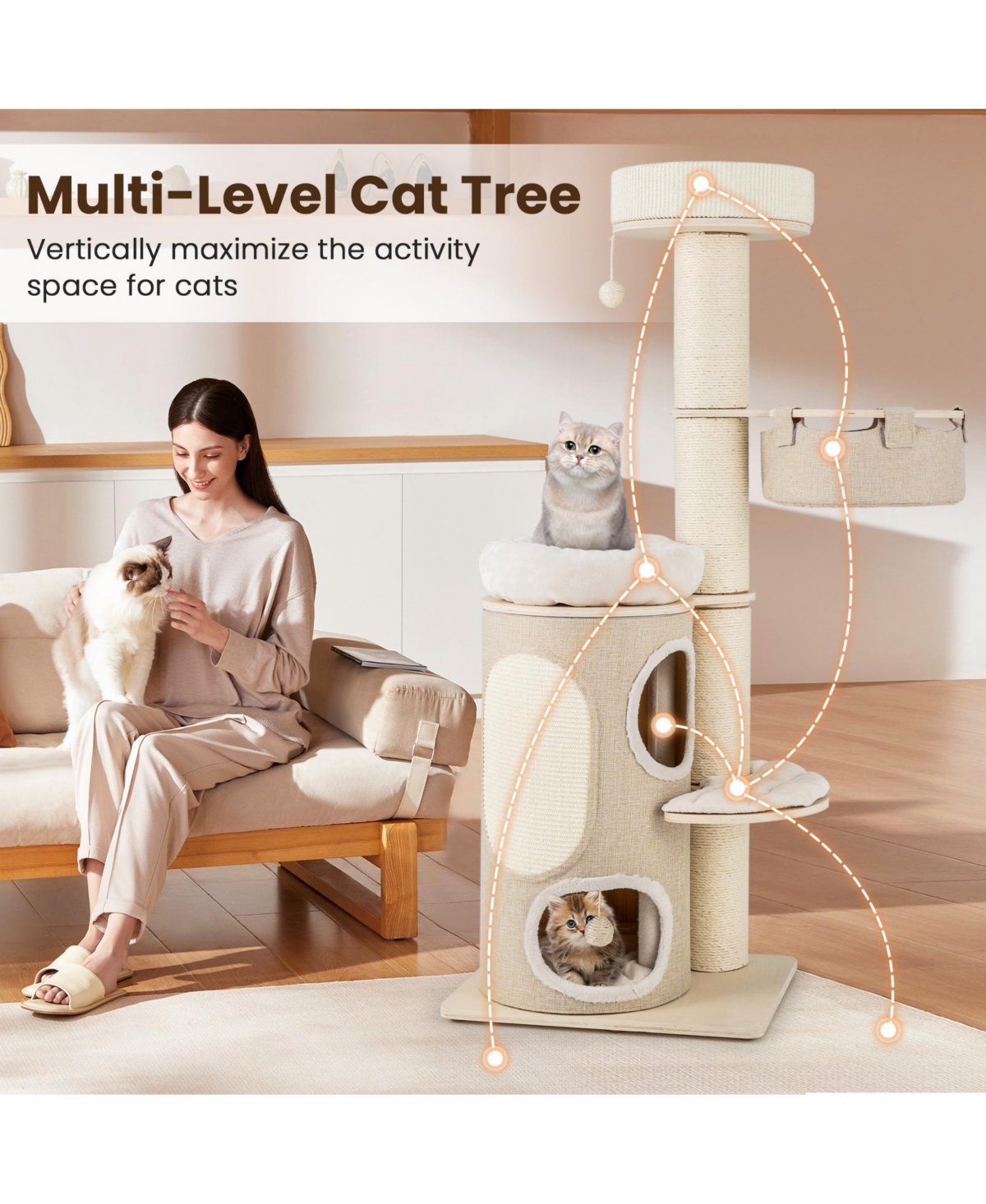 Slickblue 61 Inches Cat Tree for Indoor Cats with 2-stoery Condo and Top Perch- Natural