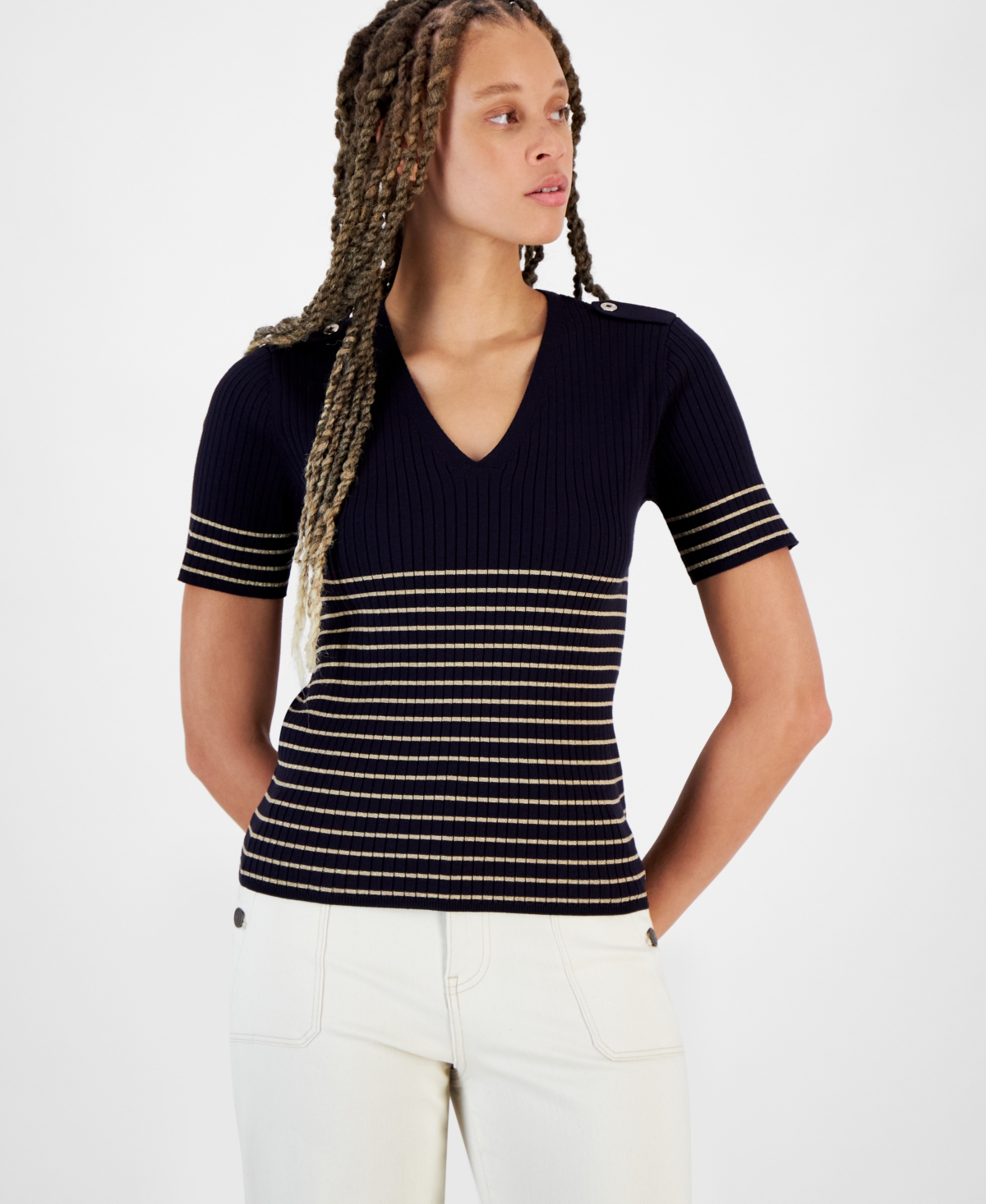 Nautica Jeans Women's Metallic-stripe Short-sleeve Sweater In Night Sky Multi
