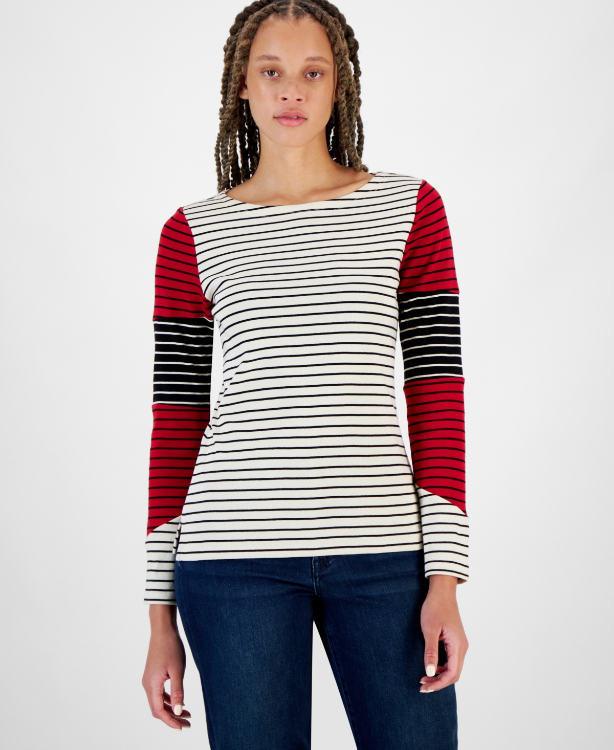 Nautica Jeans Women's Striped Colorblocked Boat-Neck Top -Black