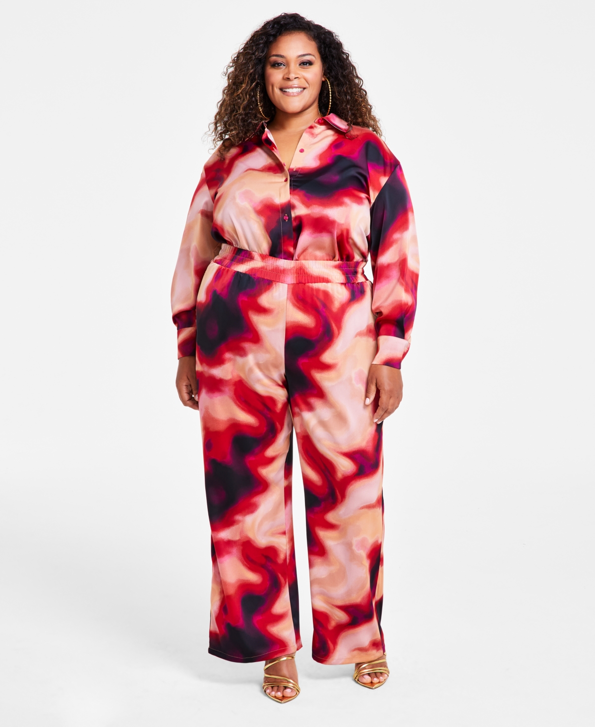 Nina Parker Trendy Plus Size Satin Wide-leg Pants In Sunset Omb