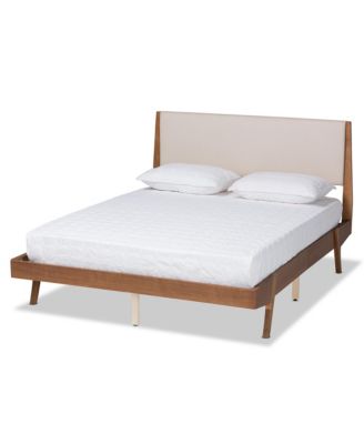Baxton Studio Senna Mid-Century Modern Beige Fabric Upholstered and Walnut Brown Finished Wood Full Size Platform Bed
