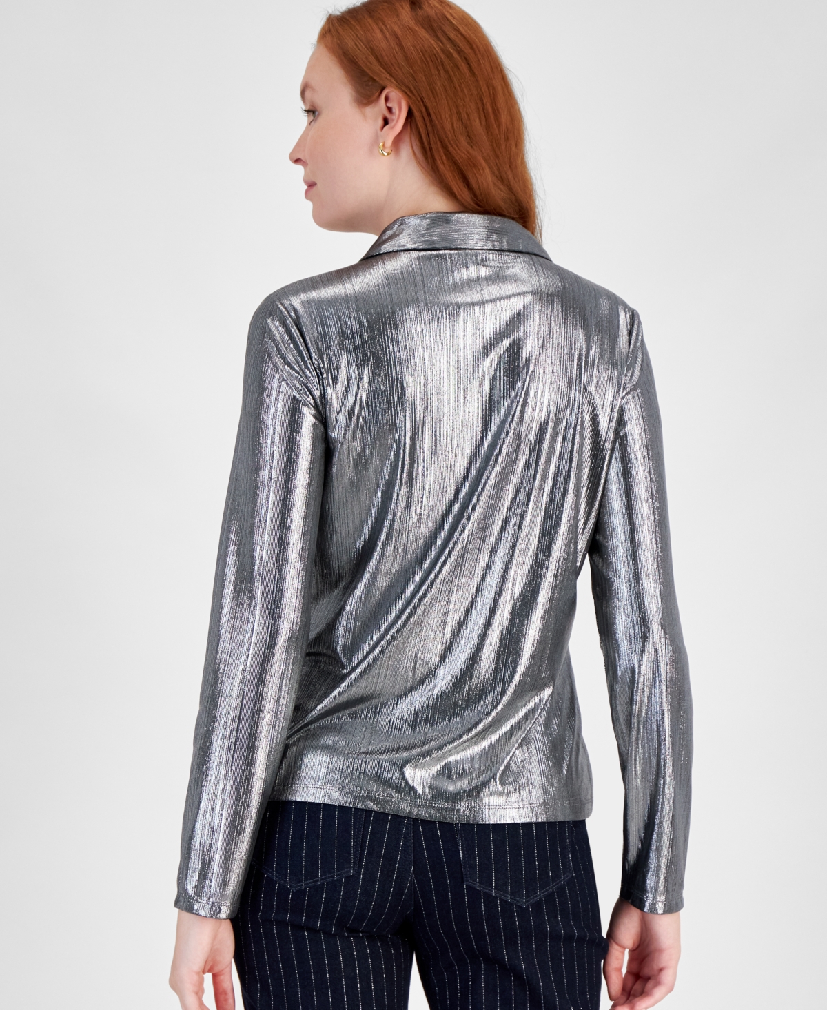 Tommy Hilfiger Women's Metallic Long-Sleeve Button-Up Shirt -gunmet