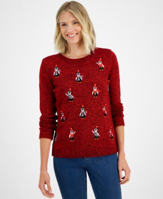 Holiday Lane Women's Fuzzy Penguins Crewneck Sweater, Created for Macy ...