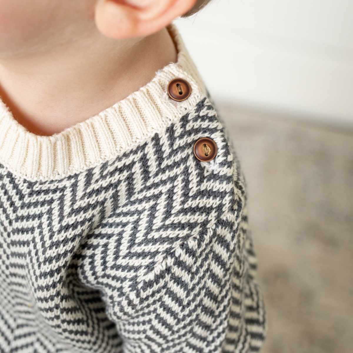 Hope & Henry Boys Organic Crewneck Pullover Sweater with Elbow Patches - Charcoal and Ivory Herringbone