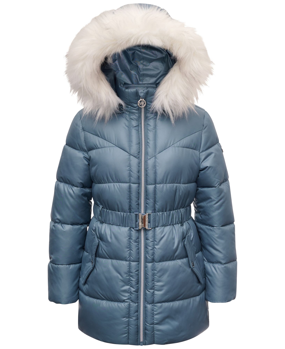Shop Michael Kors Toddler & Little Girls Belted Stadium Puffer Jacket With Faux-fur Trim In Dark Chamb