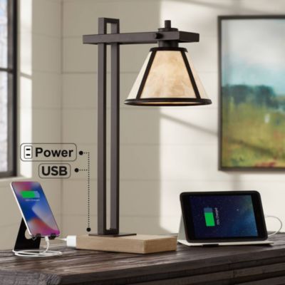 Franklin Iron Works Maricopa Rustic Farmhouse Desk Lamp 21 1/4" High Bronze Metal with USB and AC Power Outlet Mica Shade for Bedroom Living Room Home