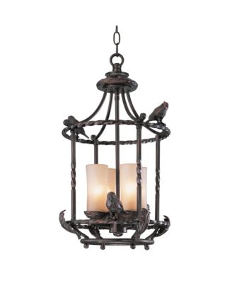 Song Birds 13.5" Bronze Pendant Chandelier, Rustic Cage Design with Scavo Glass, 4-Light Fixture for Dining Room, Kitchen & Foyer