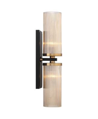 Modern Wall Light Sconce Black Brass Hardwired 4 1/4" 2-Light Fixture Ribbed Champagne Glass Shade for Bedroom Bathroom Vanity Living Room