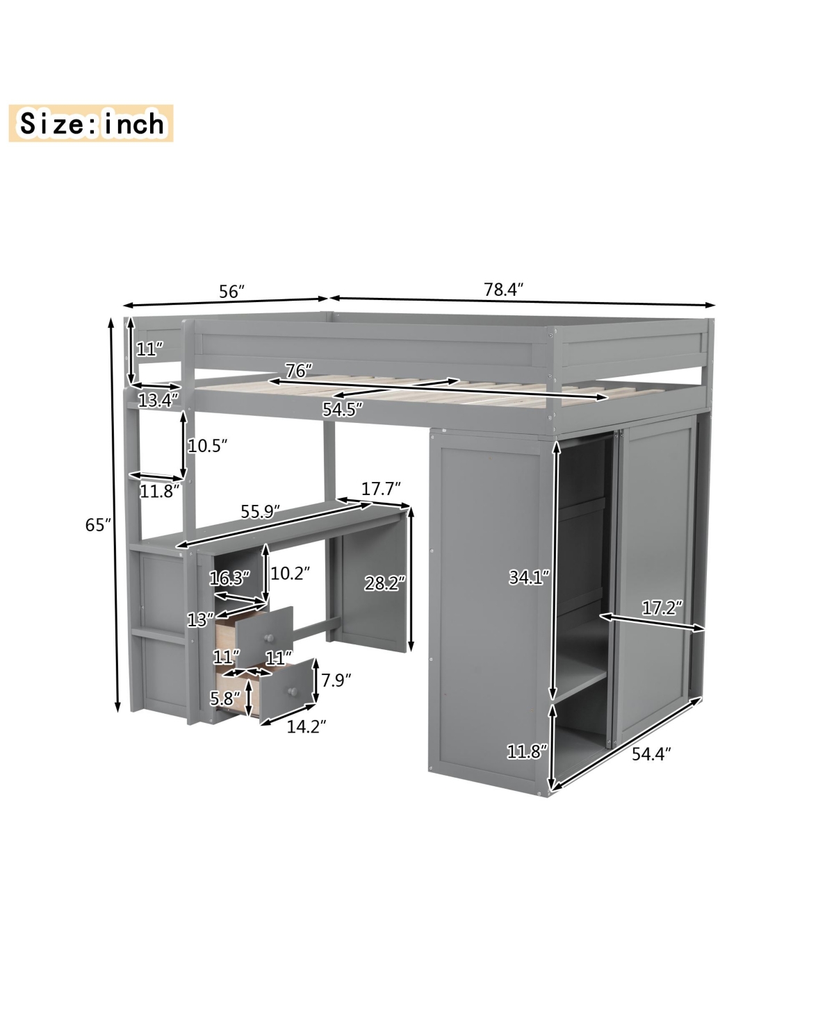 Simplie Fun Wood Full Size Loft Bed With Wardrobes And 2-Drawer Desk With Cabinet