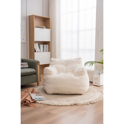 Soft Tufted Foam Bean Bag Chair With Teddy Fabric Ivory White