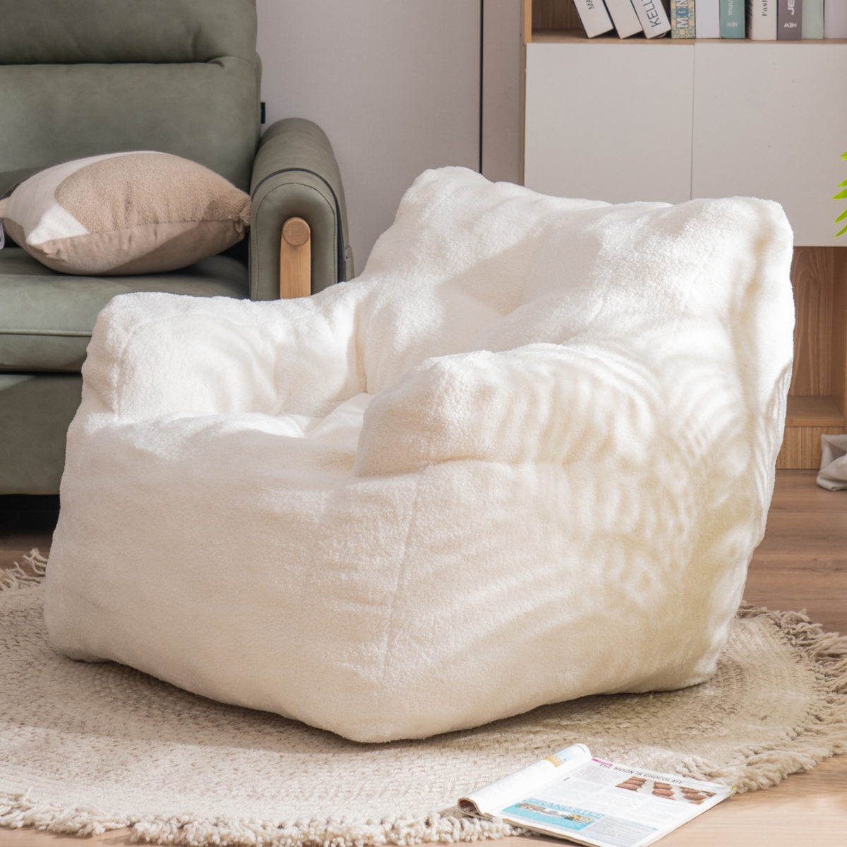Streamdale Furniture Soft Tufted Foam Bean Bag Chair With Teddy Fabric Ivory White