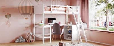 Twin Size Loft Bed With Shelves And Desk, Wooden Loft Bed With Desk