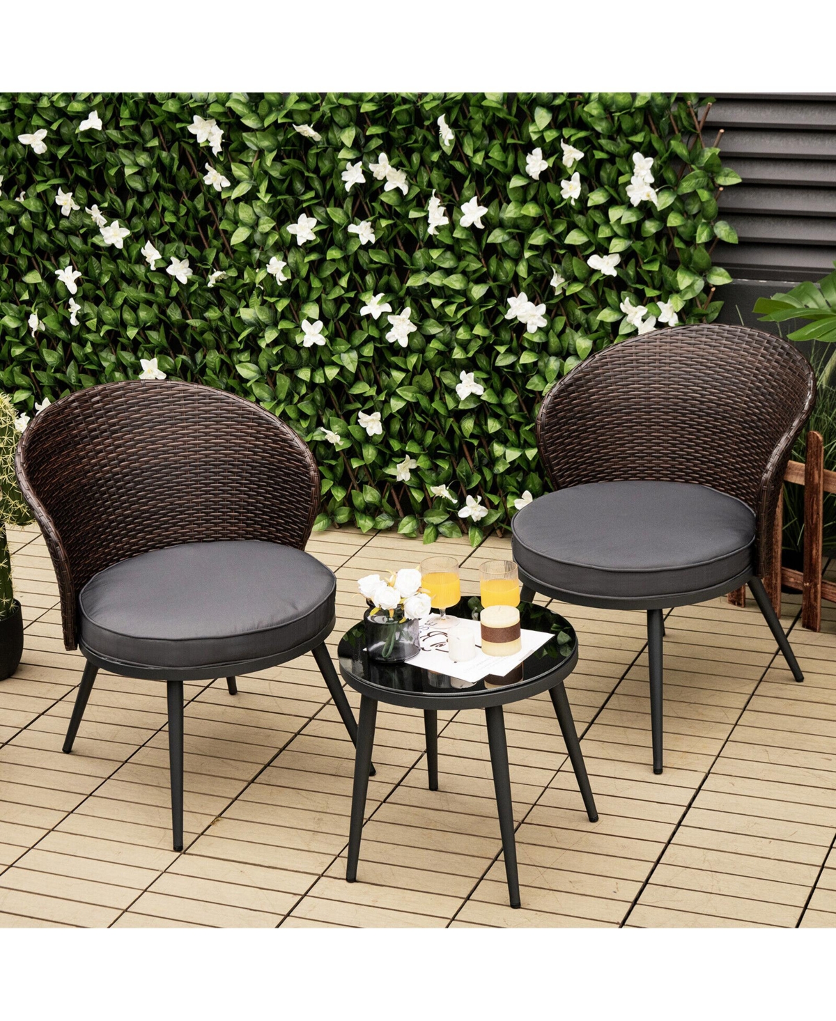Gymax 3PCS Rattan Patio Bistro Set Outdoor Conversation Furniture Set w/ Seat Cushions