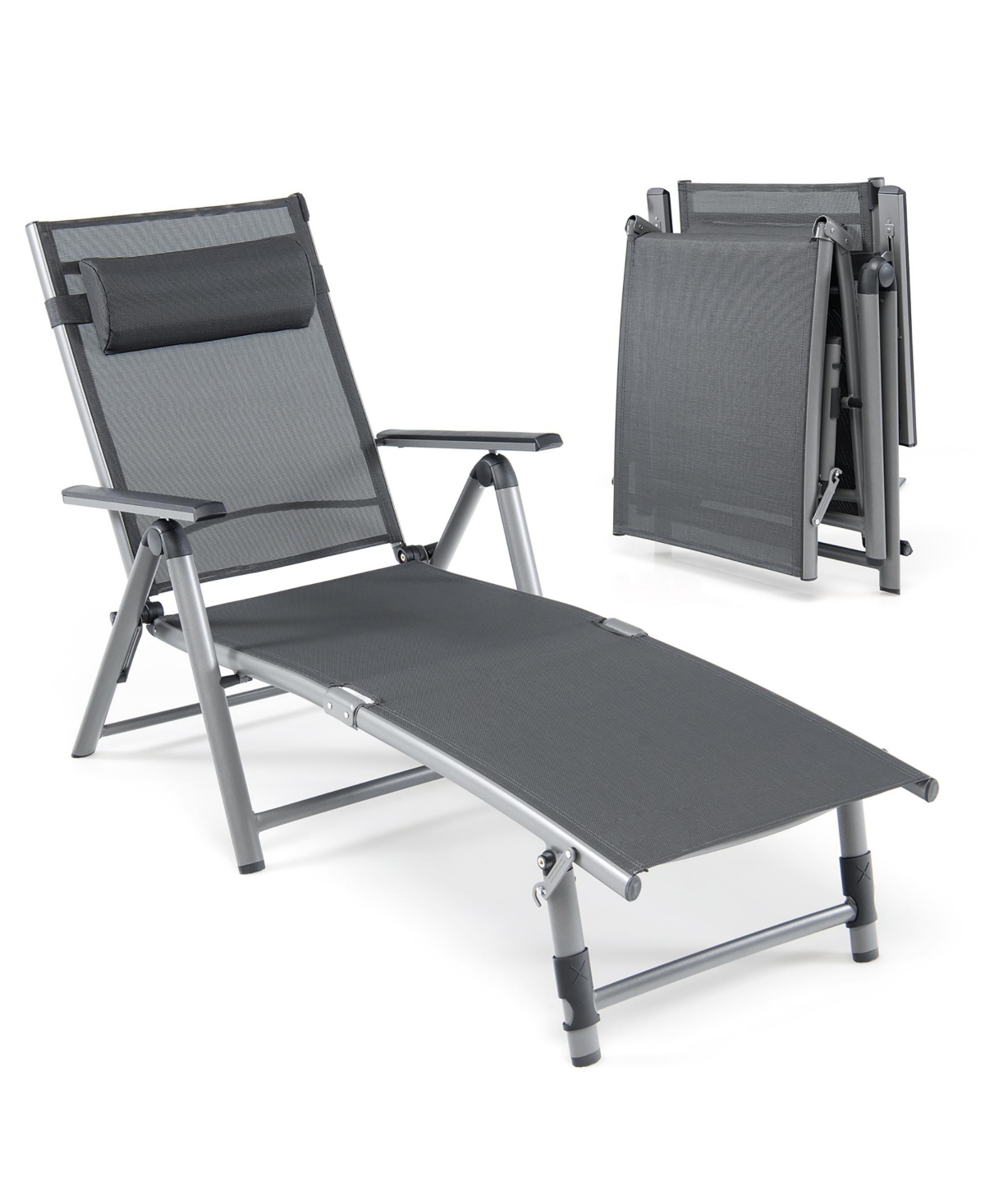 Gymax 2PCS Patio Lounge Chair Rustproof Aluminum Folding Chaise w/ Adjustable Backrest & Footrest - Black+grey