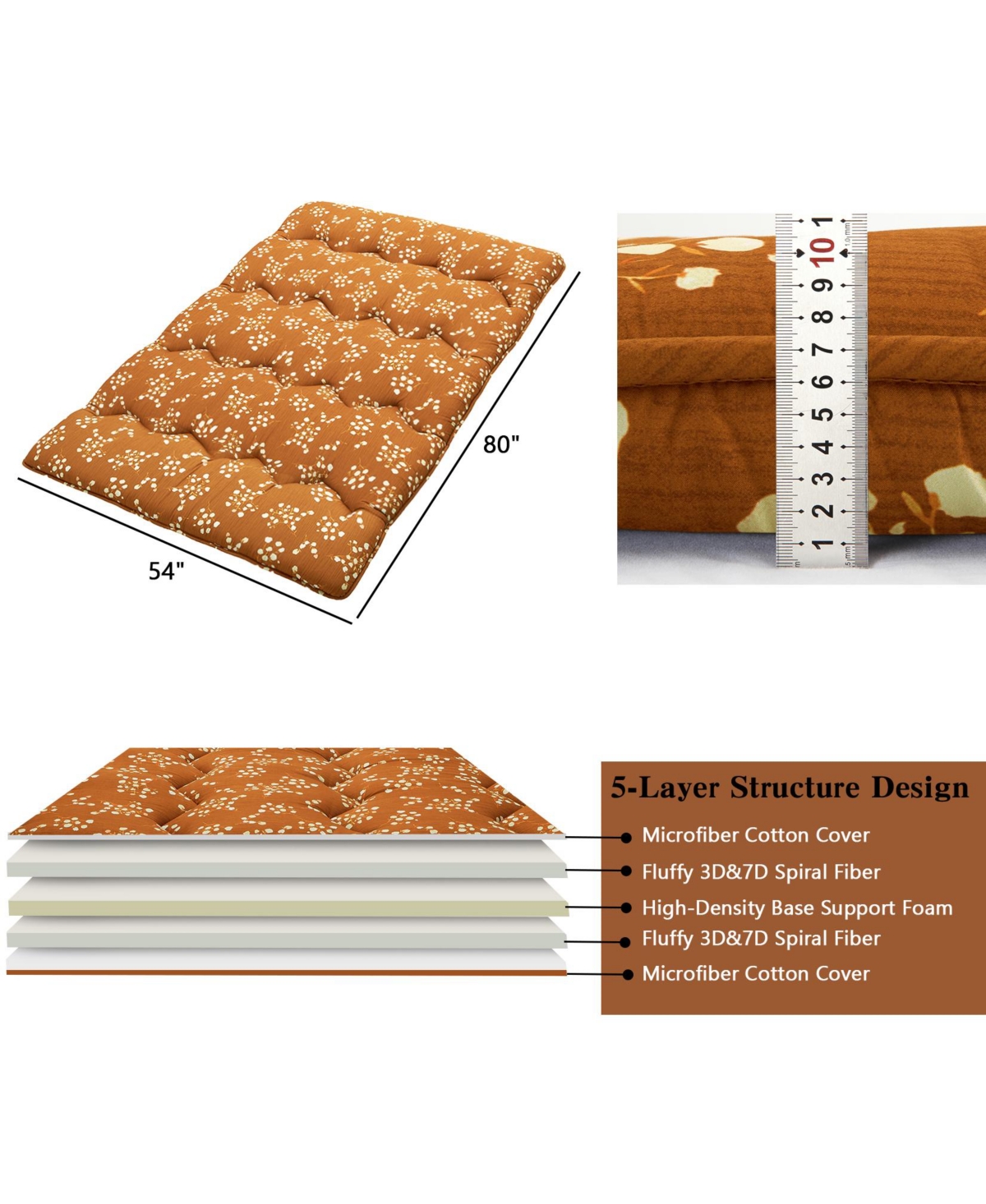 Caromio Full Futon Mattress Floor Pad Floral Print Portable Dorm Sleeping Pad, 54"x 80"
