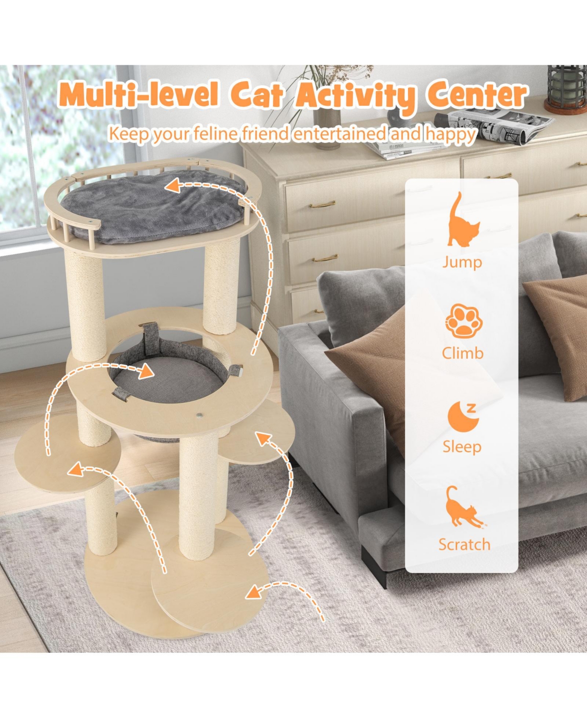 Slickblue 5-level Wooden Cat Tree with Padded Perch Non-woven Hammock-Grey - Natural and Grey