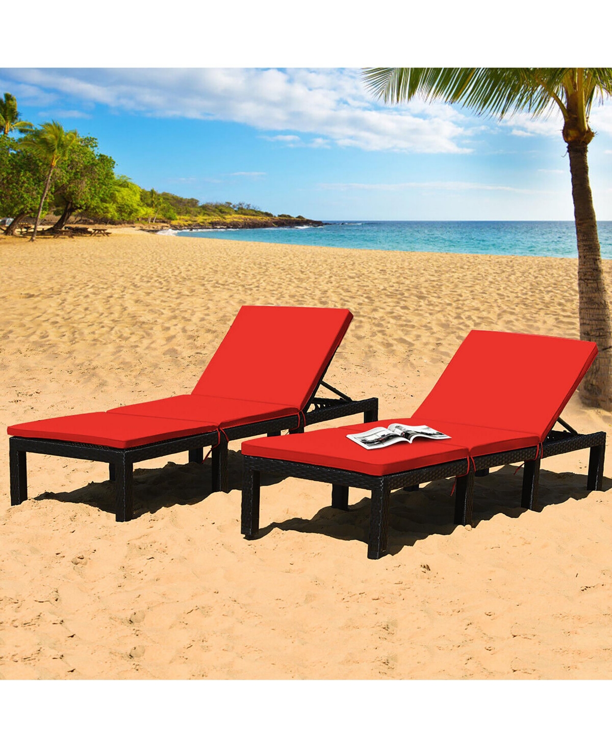 Gymax 2PCS Patio Lounge Chair Rattan Chaise w/ AdjustableCushioned - Red+off white