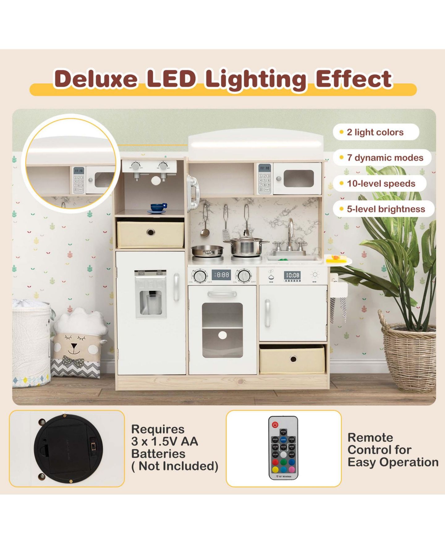 Детские игрушки Costway LED Lighting Coffee Maker 19-Piece Wooden Play Kitchen, от 3 лет, цвет: Белый — фото 5