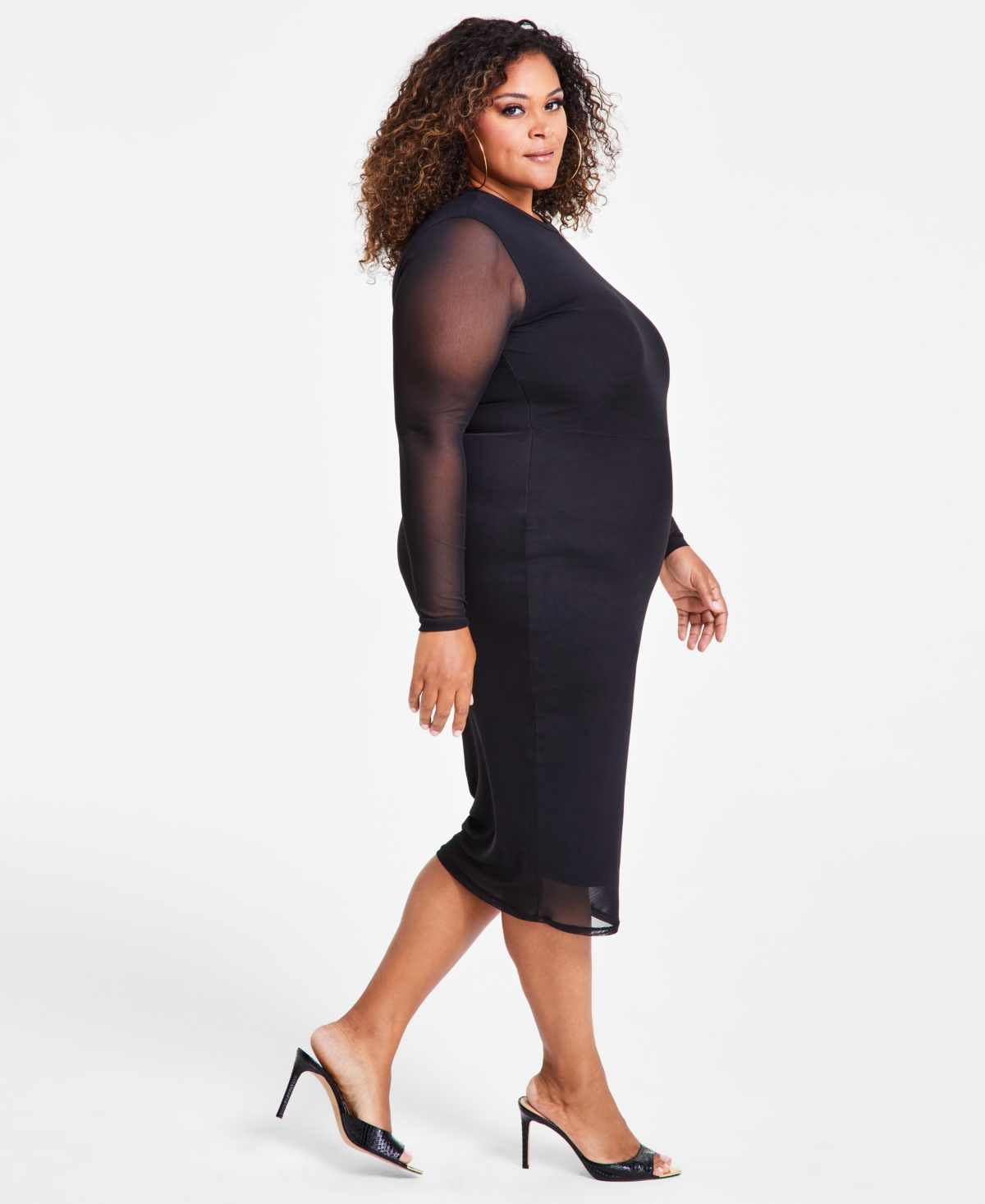 Nina Parker Trendy Plus Size Scoop-neck Long-sleeve Mesh Dress In Black Beau