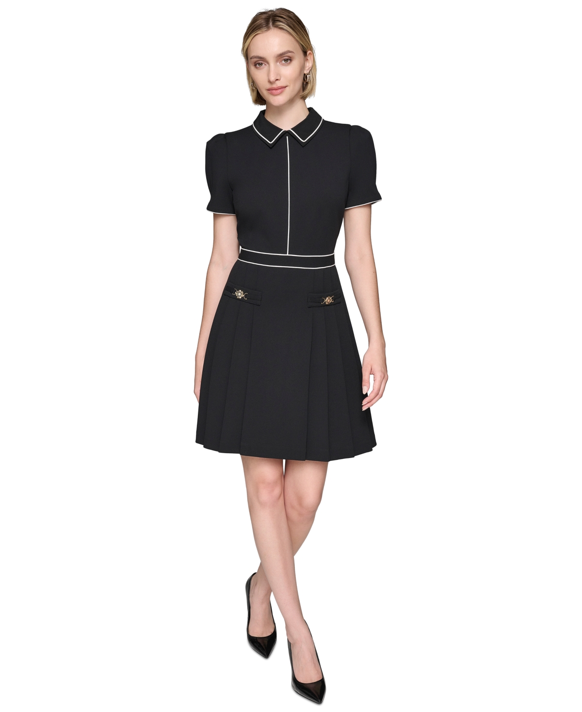 Karl Lagerfeld Women's Tipped Mini A-line Dress In Blk,sft Wt