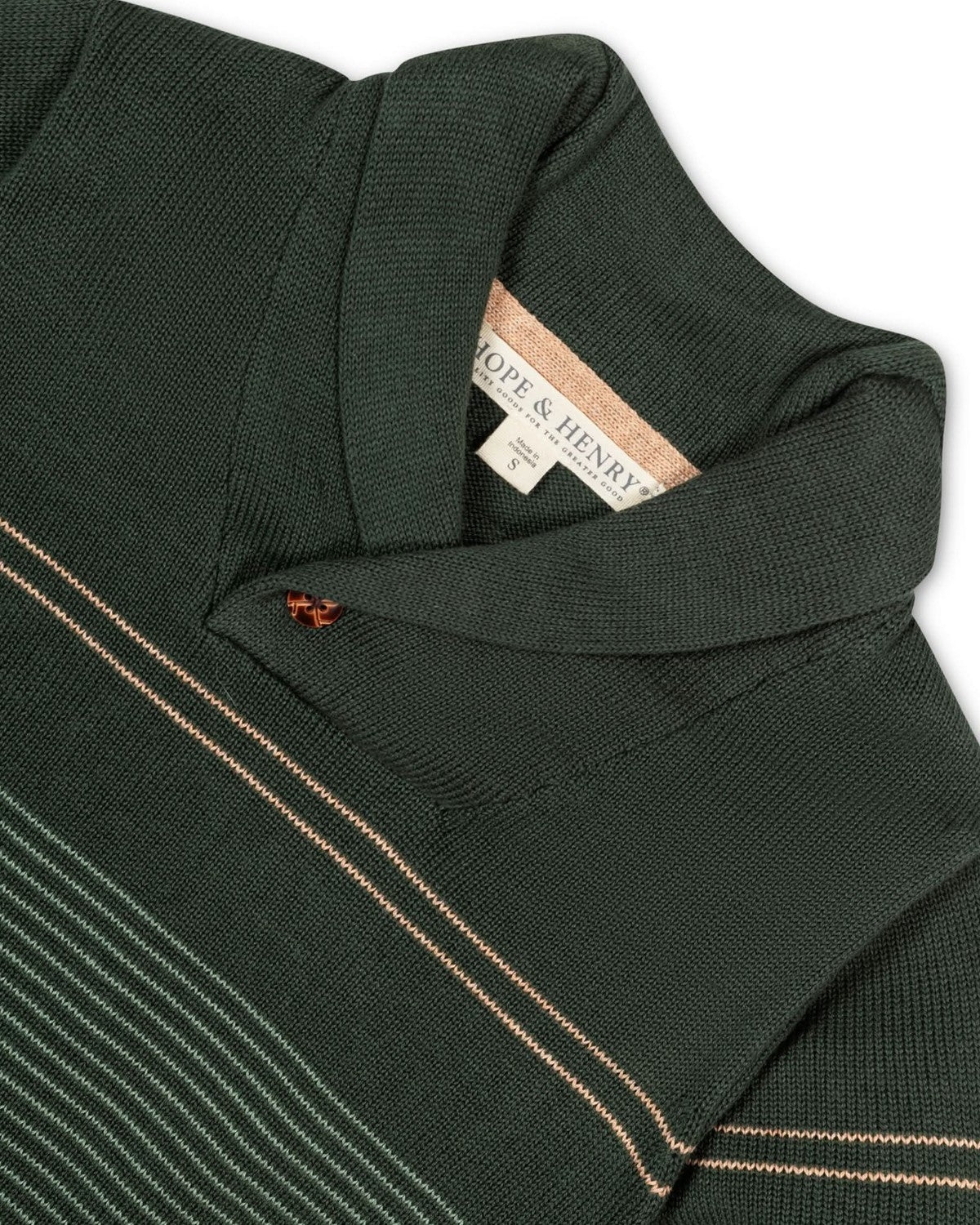Hope & Henry Boys Organic Long Sleeve Striped Shawl Collar Sweater with Engineered Stripe - Pine and sage stripe