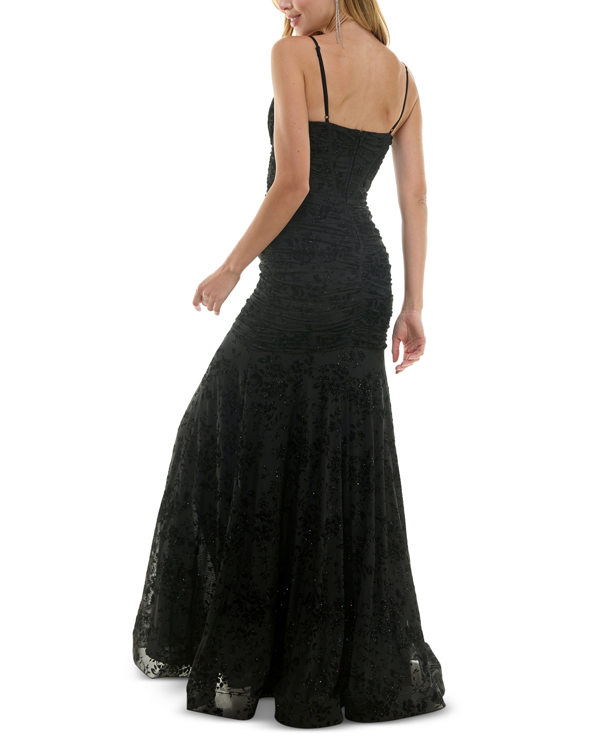 City Studios Juniors' Flocked Glitter Mesh Ruched Corset Gown -blk