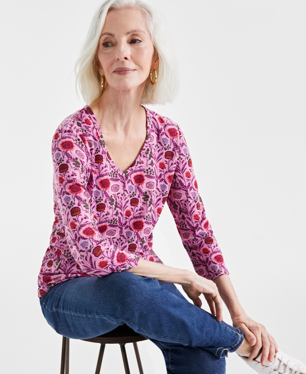 Style & Co Women's Printed 3/4 Sleeve V-Neck Top, Created for Macy's