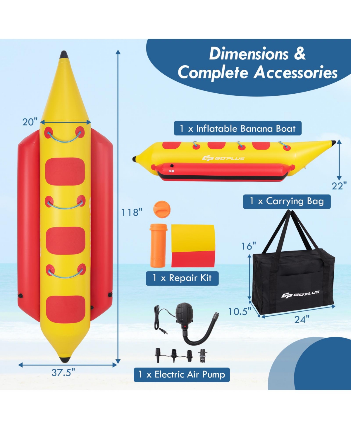 Slickblue 3-Person Inflatable Banana Boat with Electric Air Pump Carrying Bag and Repair Kit - Red