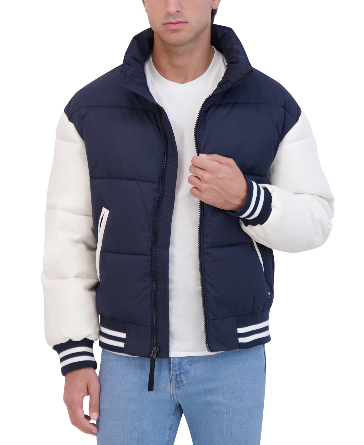 Men's Varsity Puffer Jacket with Faux Leather Sleeves - Navy