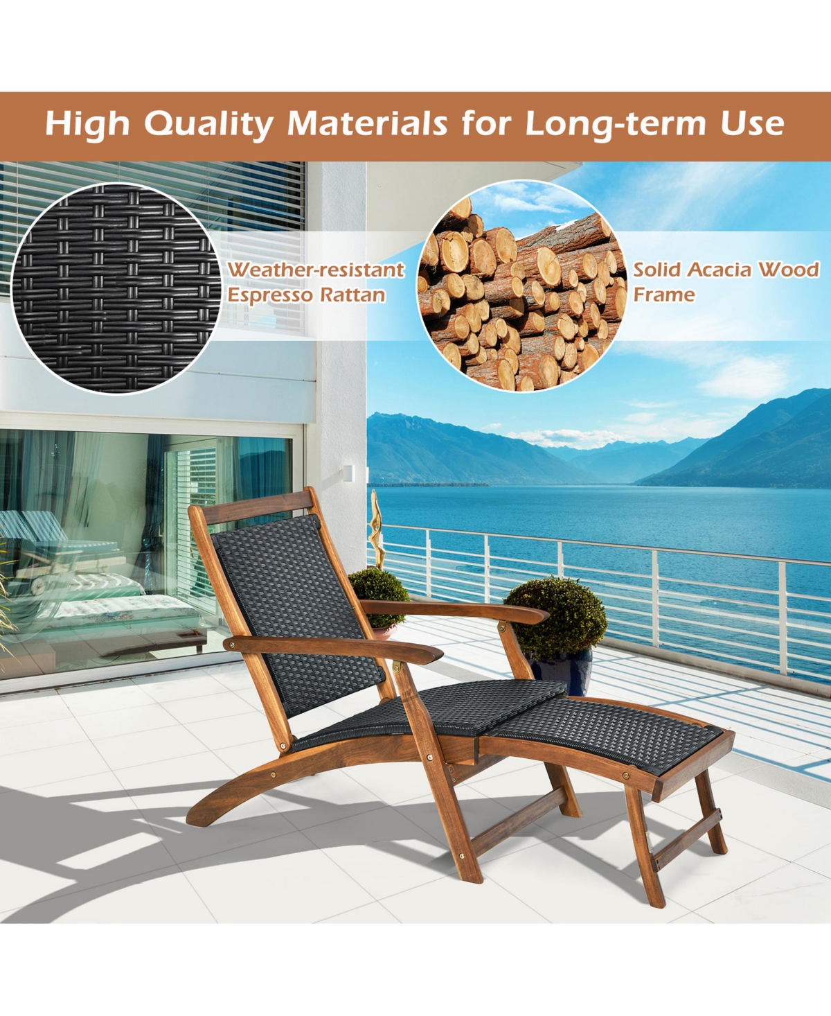 Gymax Set of 2 Folding Patio Acacia Wood Deck Chair Rattan Chaise Lounge Chair w/ Footrest