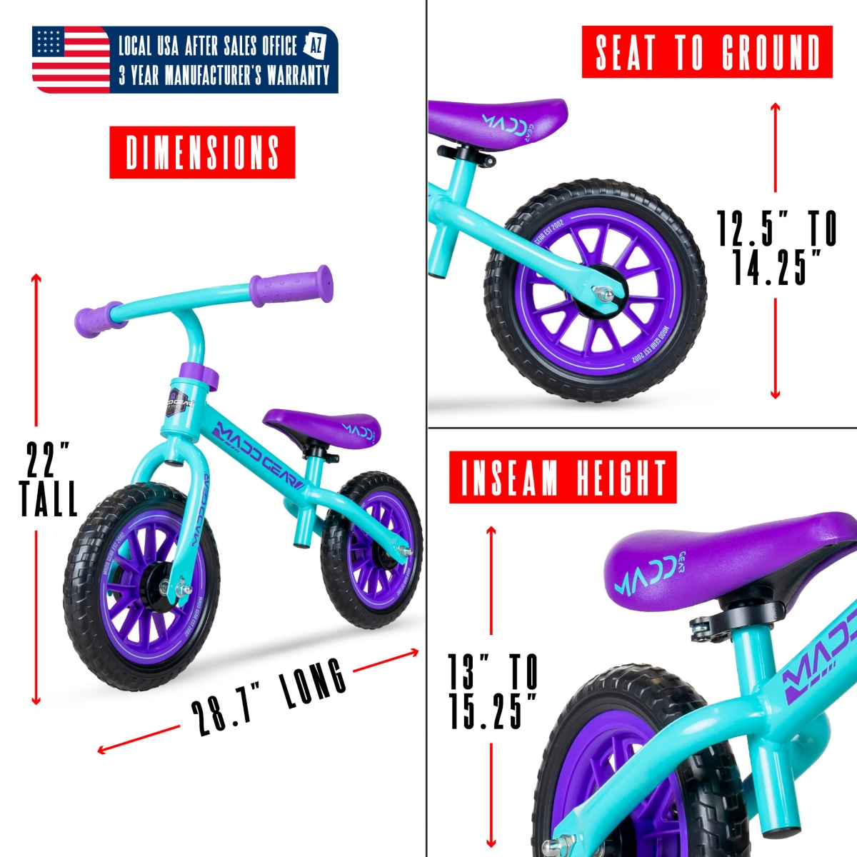 Madd Gear Bmx Balance Bike Toddler Kids Training Bicycle for Ages 2 to 3 Max lbs, Adjustable Height, 10 Inch Airless Tires - Black