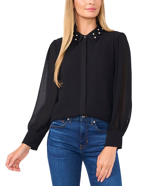 alfani CeCe Women's Floral-Appliqué Collared Long-Sleeve Blouse Women's Fashion Shoes & Accessories