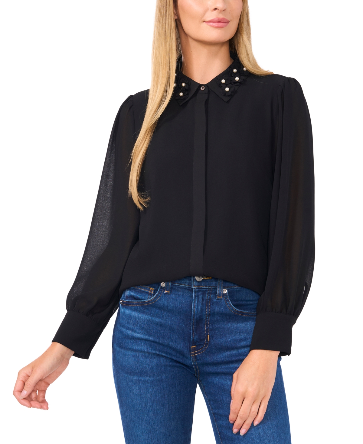CeCe Women's Floral-Applique Collared Long-Sleeve Blouse