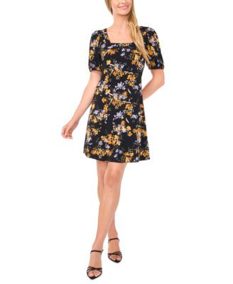 Women's Floral Puff-Sleeve Square-Neck Knit Dress