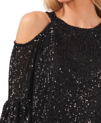 Women's Sequined Long Sleeve Cold-Shoulder Blouse