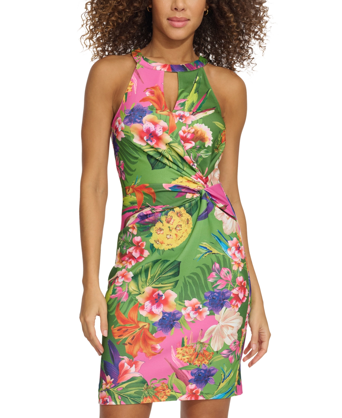 Women's Floral-Print Twist-Front Bodycon Dress - Green Mult