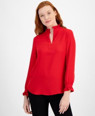 Anne Klein - Women's Notched Ruffled-Neck Long-Sleeve Top