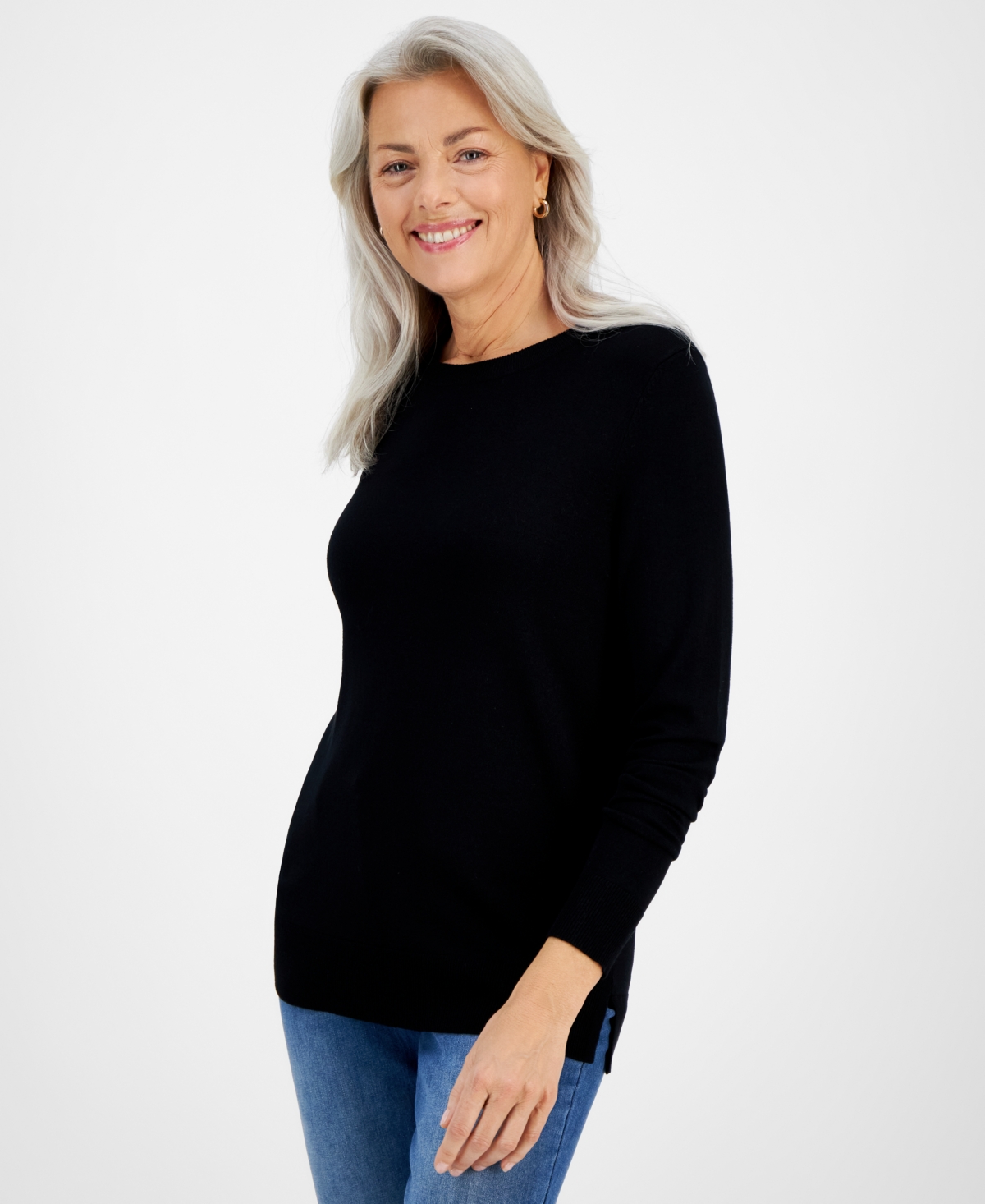 Women's Fine Gauge Crewneck Long-Sleeve Sweater, Created for Macy's - Grey