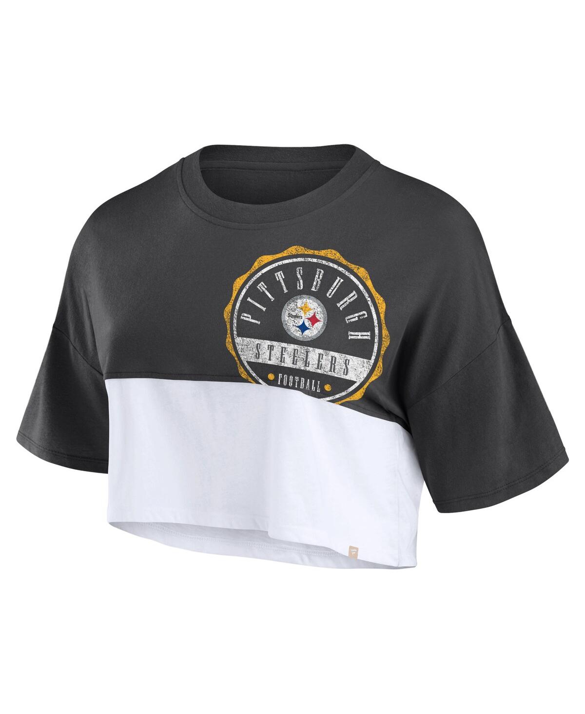 Fanatics Women's Black/white Pittsburgh Steelers Boxy Color Split Cropped T-shirt In Black,white