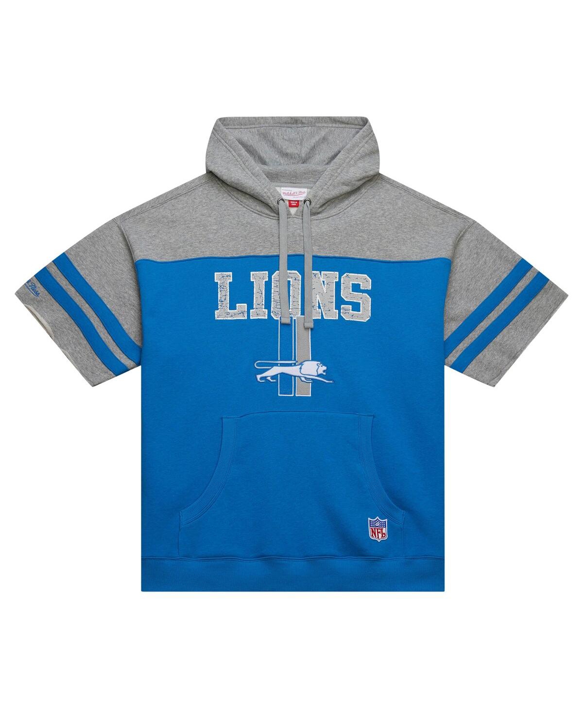 Mitchell & Ness Men'sDetroit Lions Off Field Vintage-Like Logo Short Sleeve Pullover Hoodie - Blue