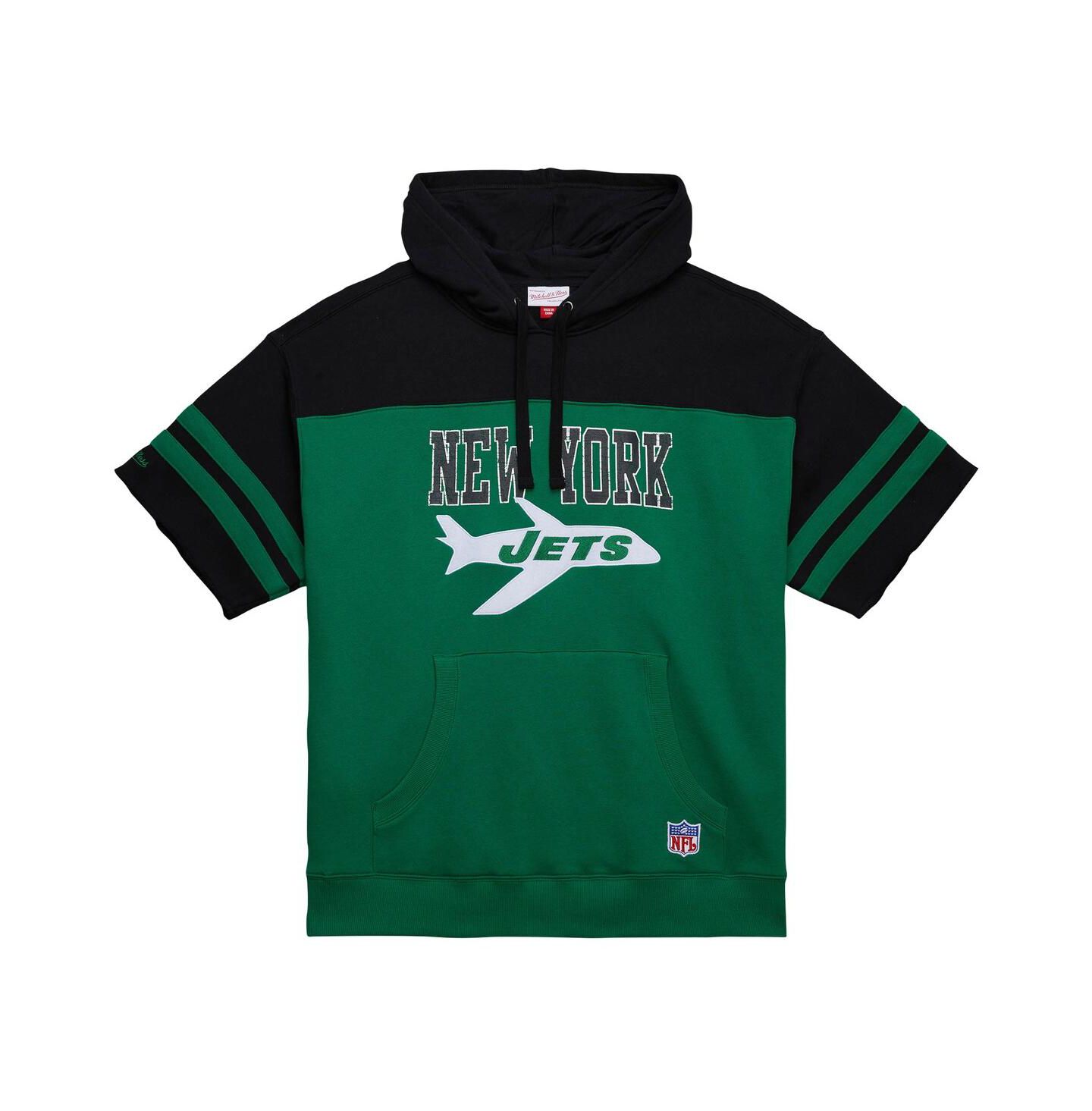 Мужское худи Mitchell & Ness Kelly-Green New York Jets Off Field Vintage-like Logo Short Sleeve Pullover — фото 2